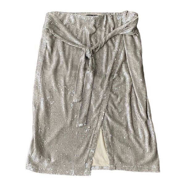 Express Skirt Sequin High Waisted Tie Front Champagne Large NWT - Picture 2 of 5